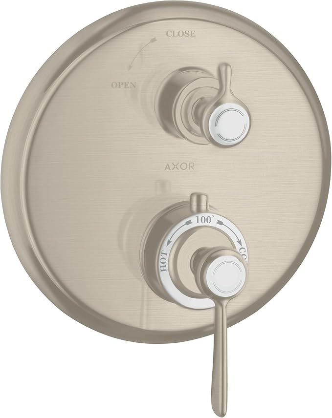 Brushed nickel thermostatic shower valve trim with two lever handles, open/close markings, and temperature dial.