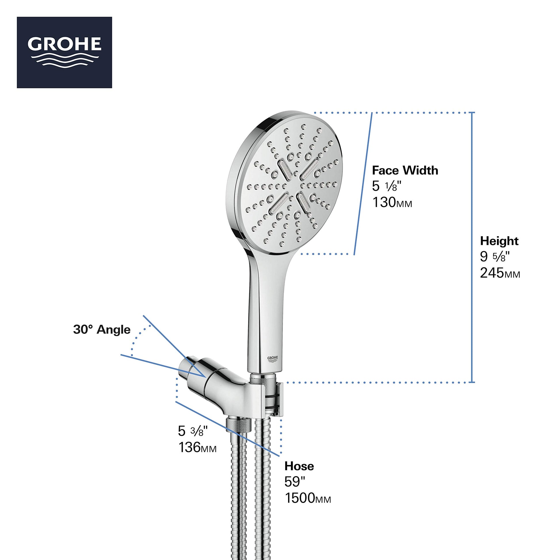 Chrome hand shower with round perforated face, angled connector, and 59-inch hose with dimensions labeled.