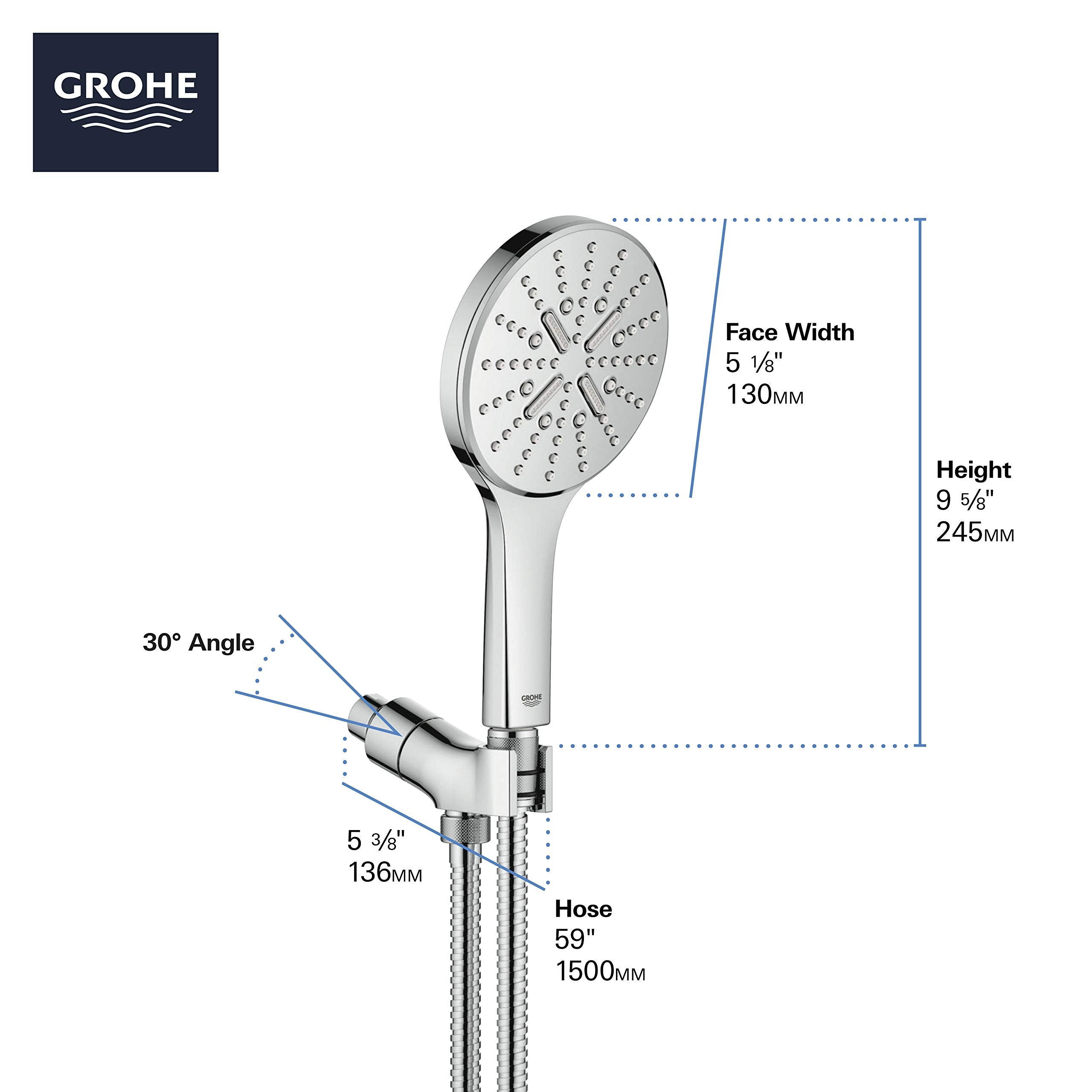 Chrome hand shower with round perforated face, angled connector, and 59-inch hose with dimensions labeled.