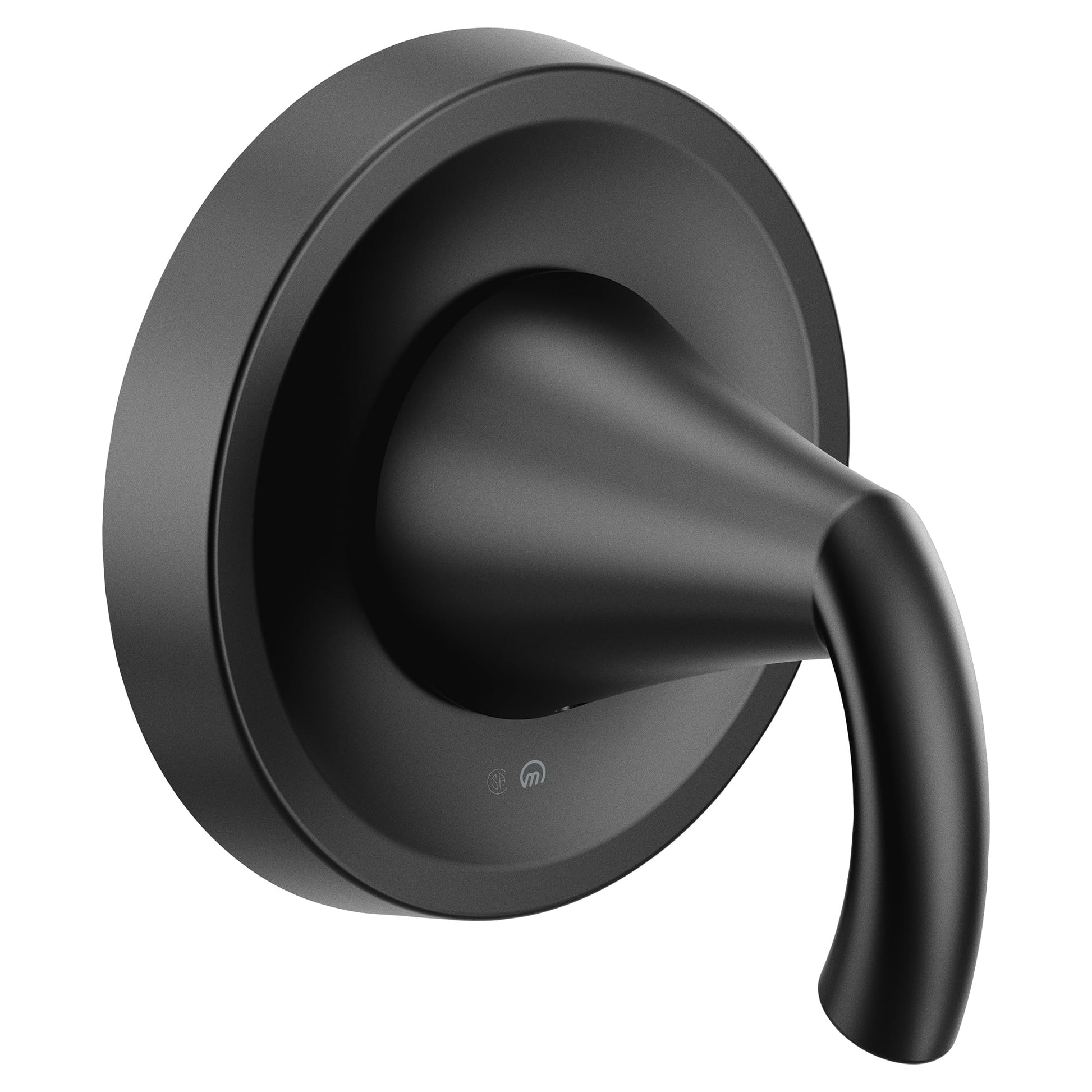 Matte black single-handle shower valve trim with curved lever handle and circular escutcheon plate.