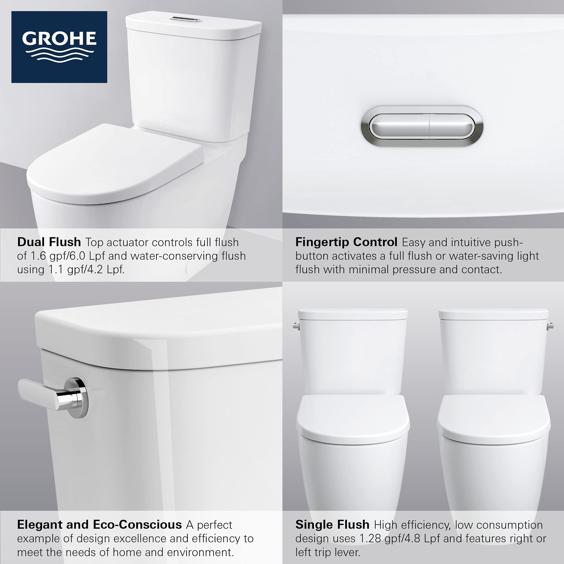 White Grohe Essence elongated toilet with matching seat, dual flush tank, and chrome left-hand trip lever.