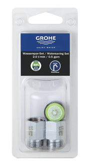 Grohe water-saving aerator kit with chrome finish and green mesh insert in clear plastic clamshell packaging.