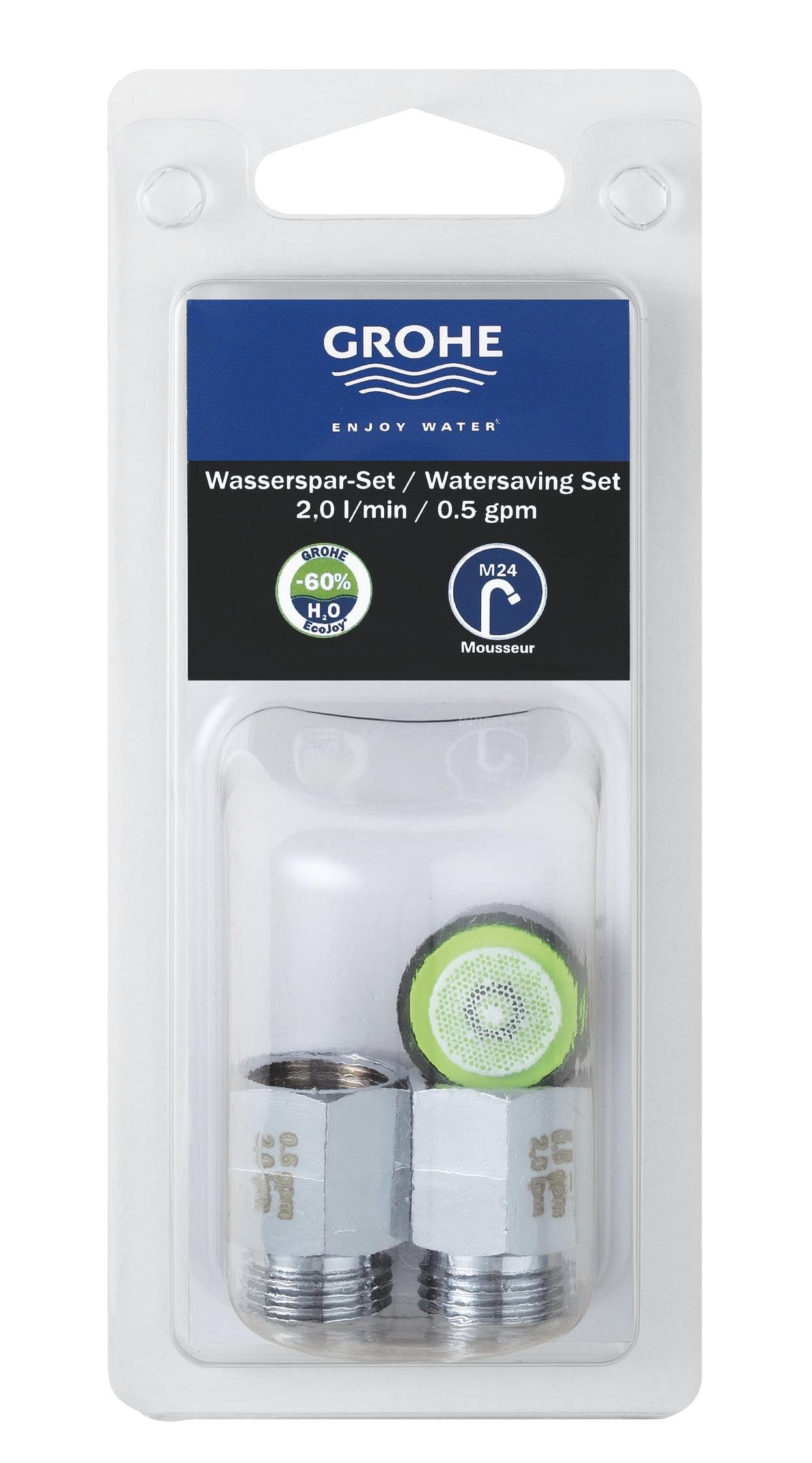 Grohe water-saving aerator kit with chrome finish and green mesh insert in clear plastic clamshell packaging.