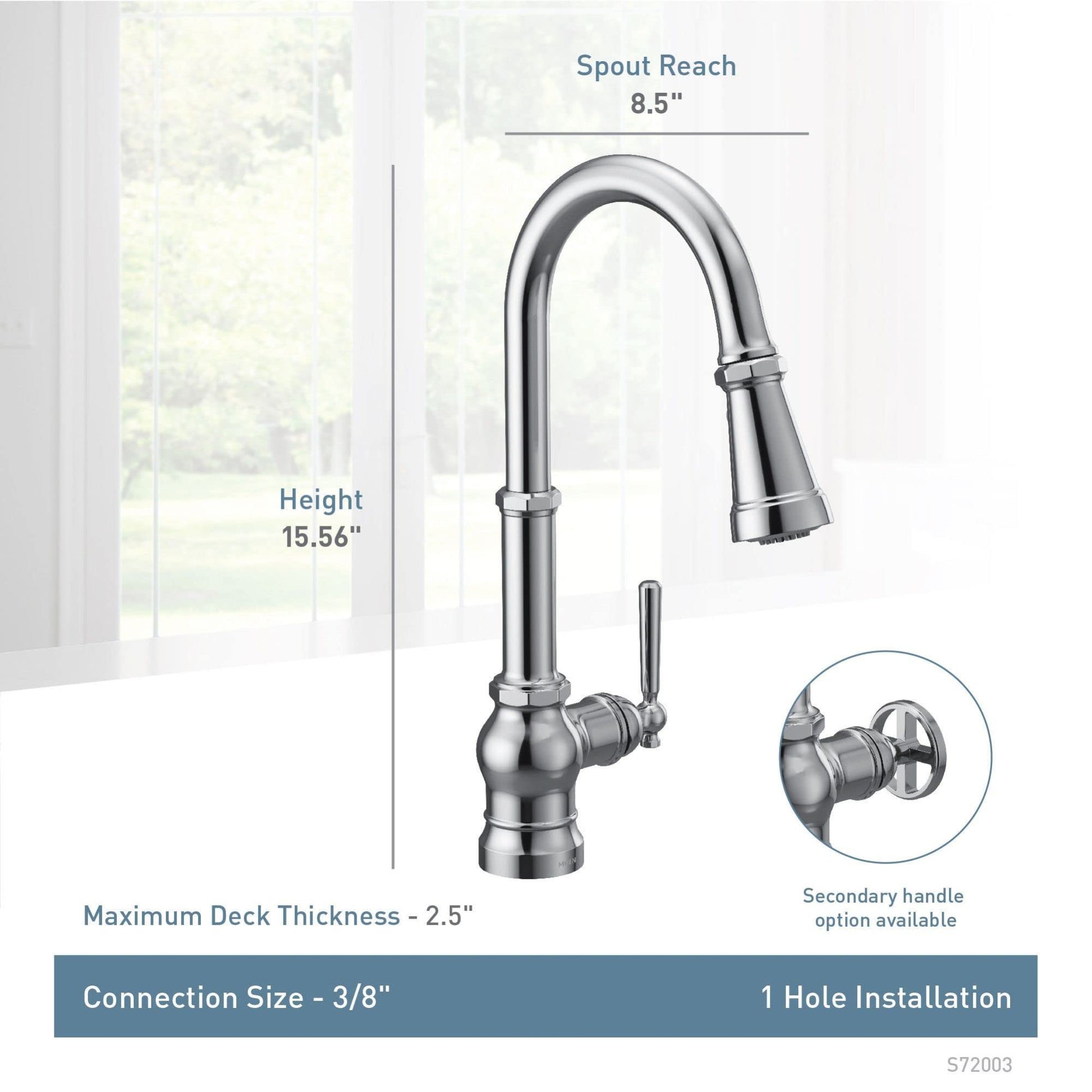 Chrome pulldown kitchen faucet with curved spout, single lever handle, and specification labels showing 8.5" spout reach and 