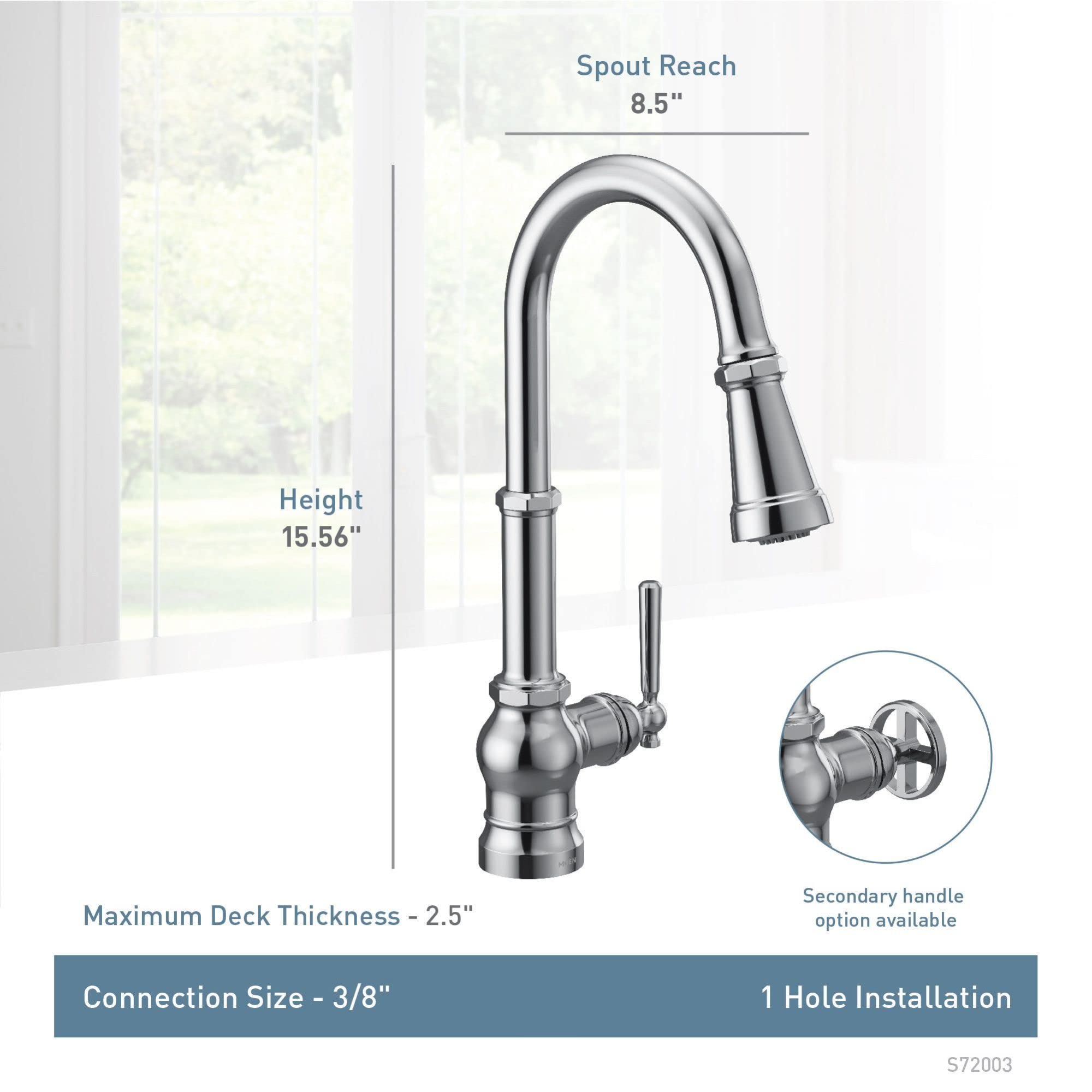 Chrome pulldown kitchen faucet with curved spout, single lever handle, and specification labels showing 8.5" spout reach and 