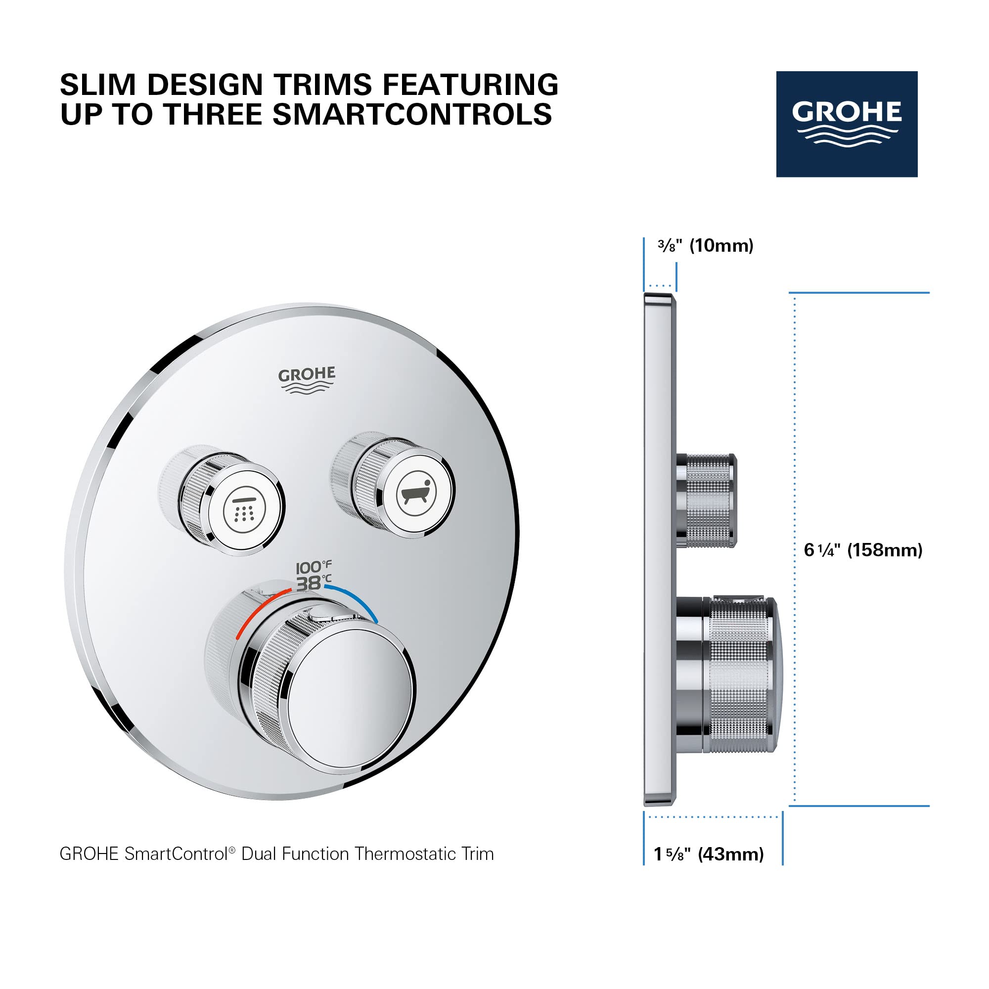 Grohe matte black thermostatic valve trim with dual function controls and temperature dial, shown front and side view with di