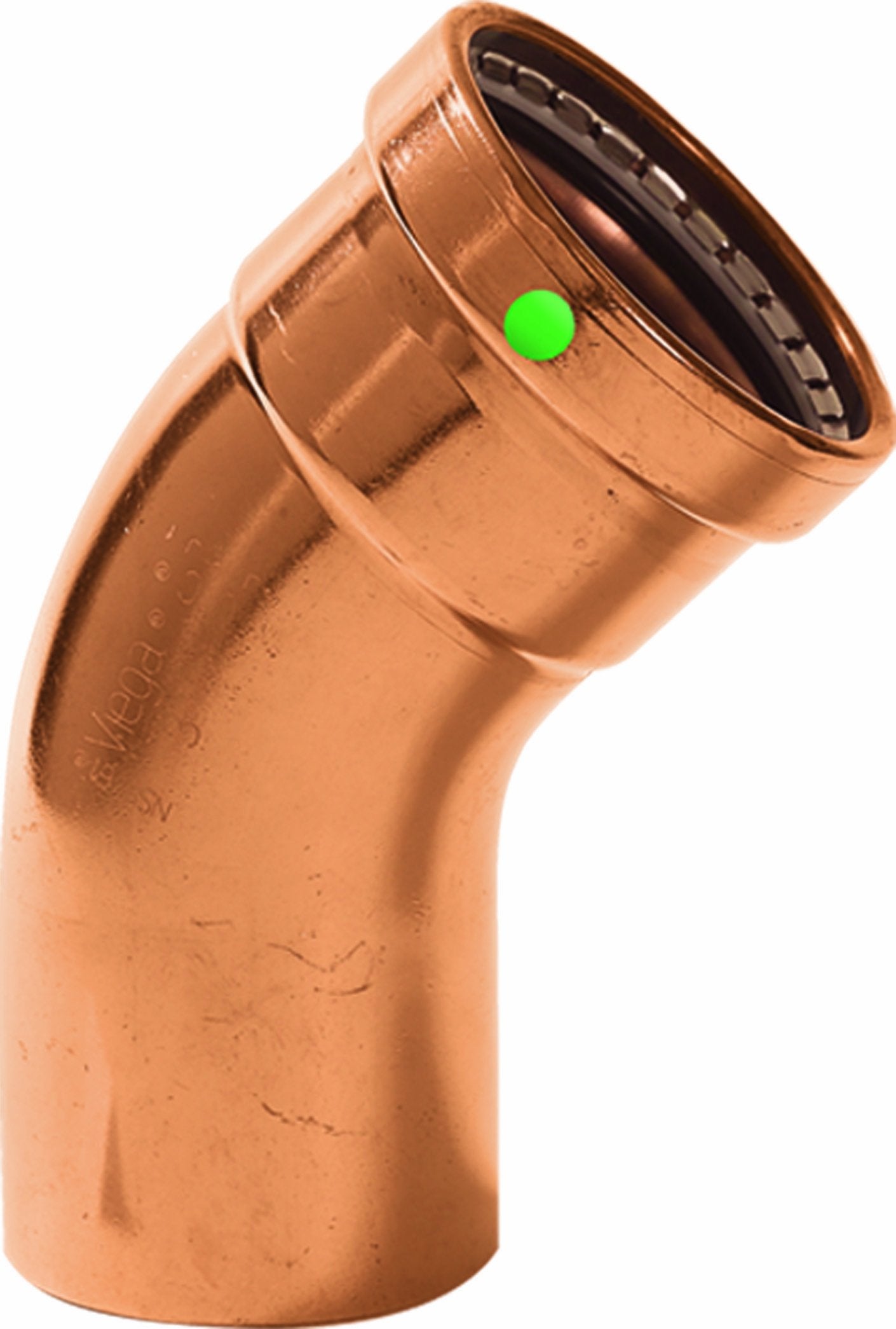 Copper 45-degree elbow fitting with press connections and green indicator dot on angled end.