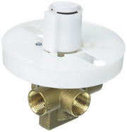 Brass valve with white plastic escutcheon and single handle cartridge on top, two threaded IPS connections visible below.
