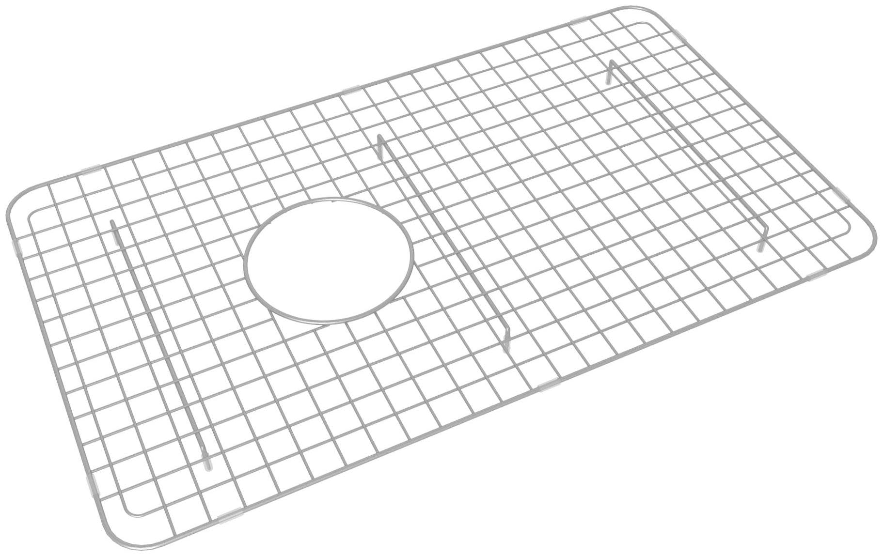Stainless steel sink grid with square mesh pattern and center cutout for faucet placement.