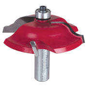 Red raised panel router bit with silver metal shaft and bearing assembly for woodworking applications.