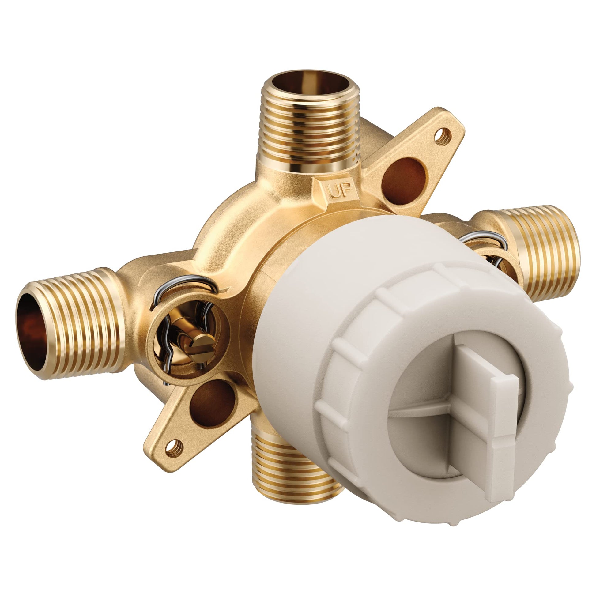 Brass rough-in valve with white cartridge body and four threaded ports for plumbing installation.