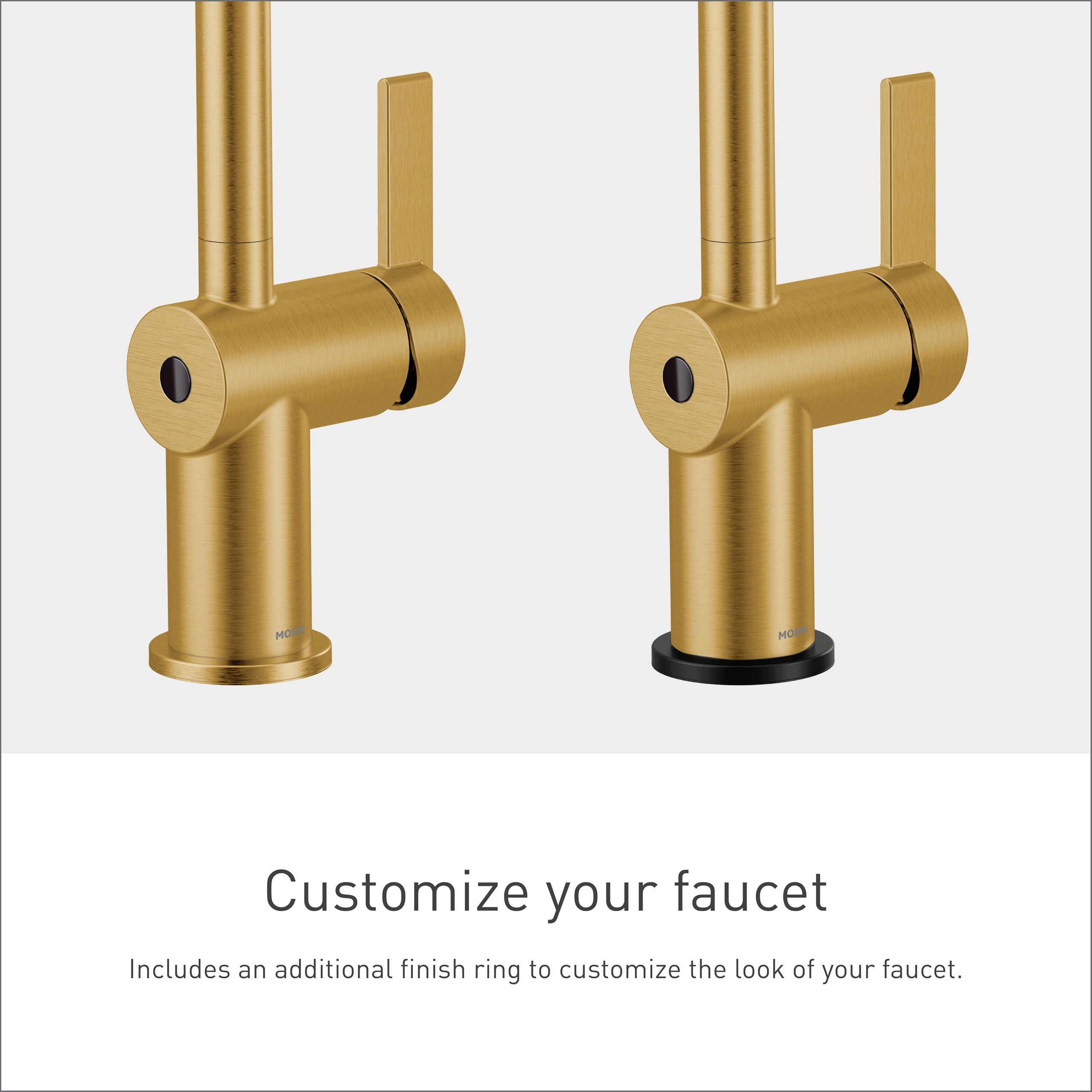Two brushed gold kitchen faucets with single handles and sensor activation, shown with optional finish ring accessory.