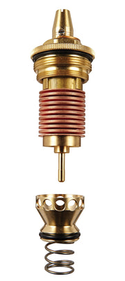 Brass thermostatic cartridge with red coil spring, knurled collar, and detached spring assembly component.