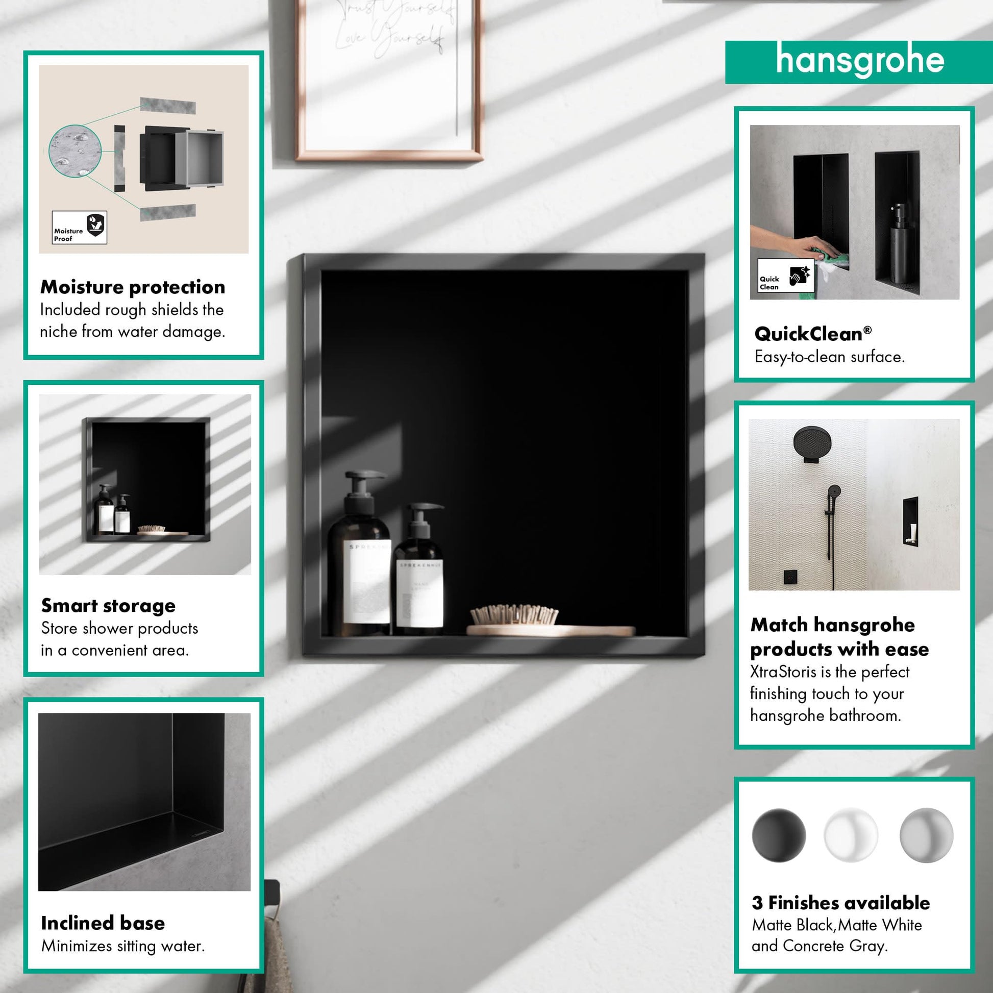Matte black square wall niche with recessed frame, 12"x12"x4", displaying bathroom products inside.