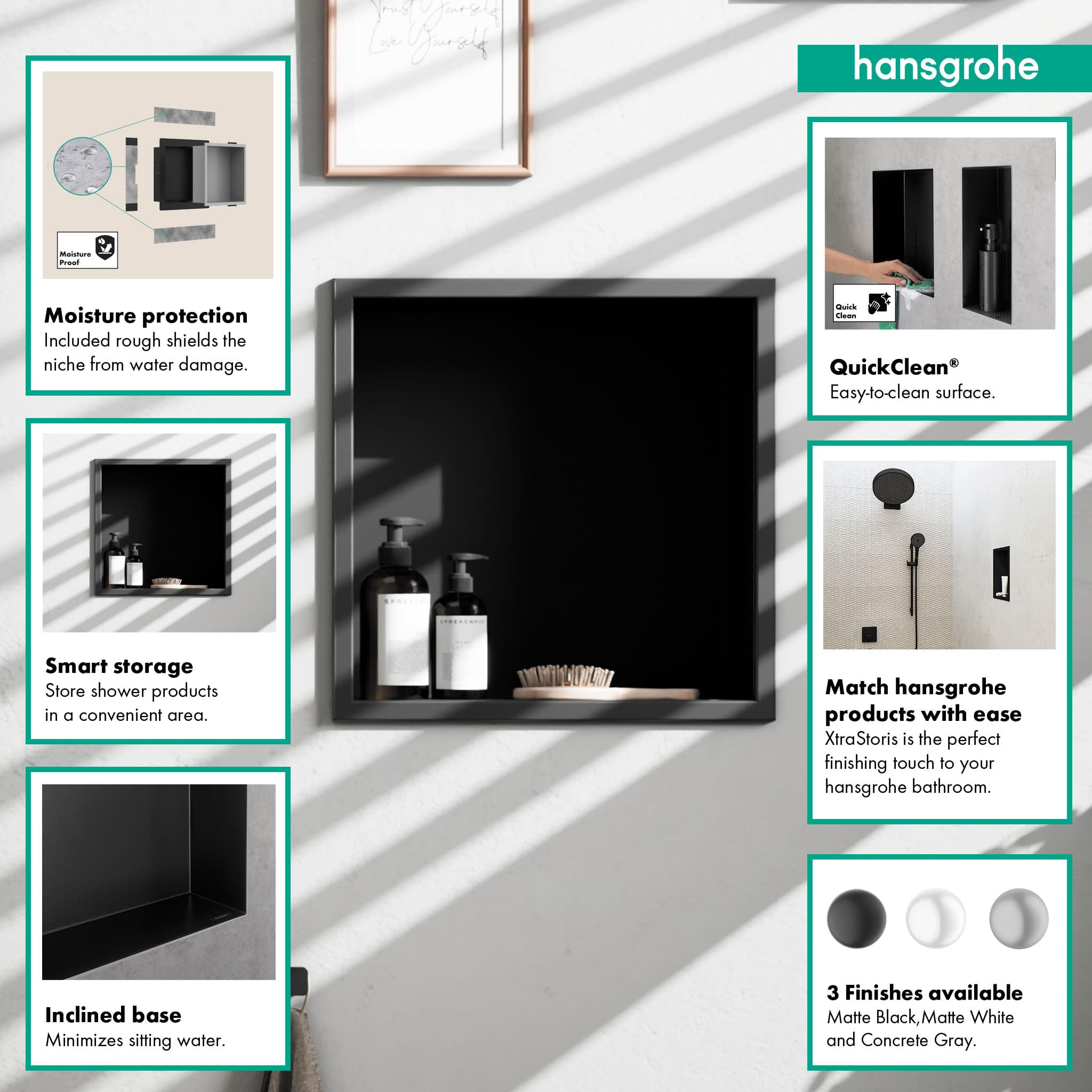Matte black square wall niche with recessed frame, 12"x12"x4", displaying bathroom products inside.