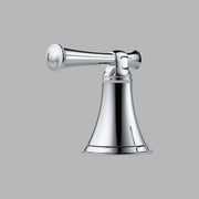 Polished chrome lever handle with conical escutcheon plate and rounded cap for roman tub faucet installation.