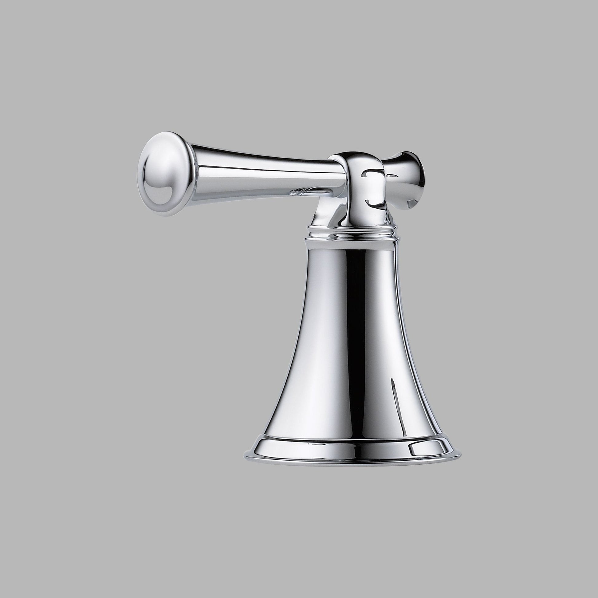 Polished chrome lever handle with conical escutcheon plate and rounded cap for roman tub faucet installation.