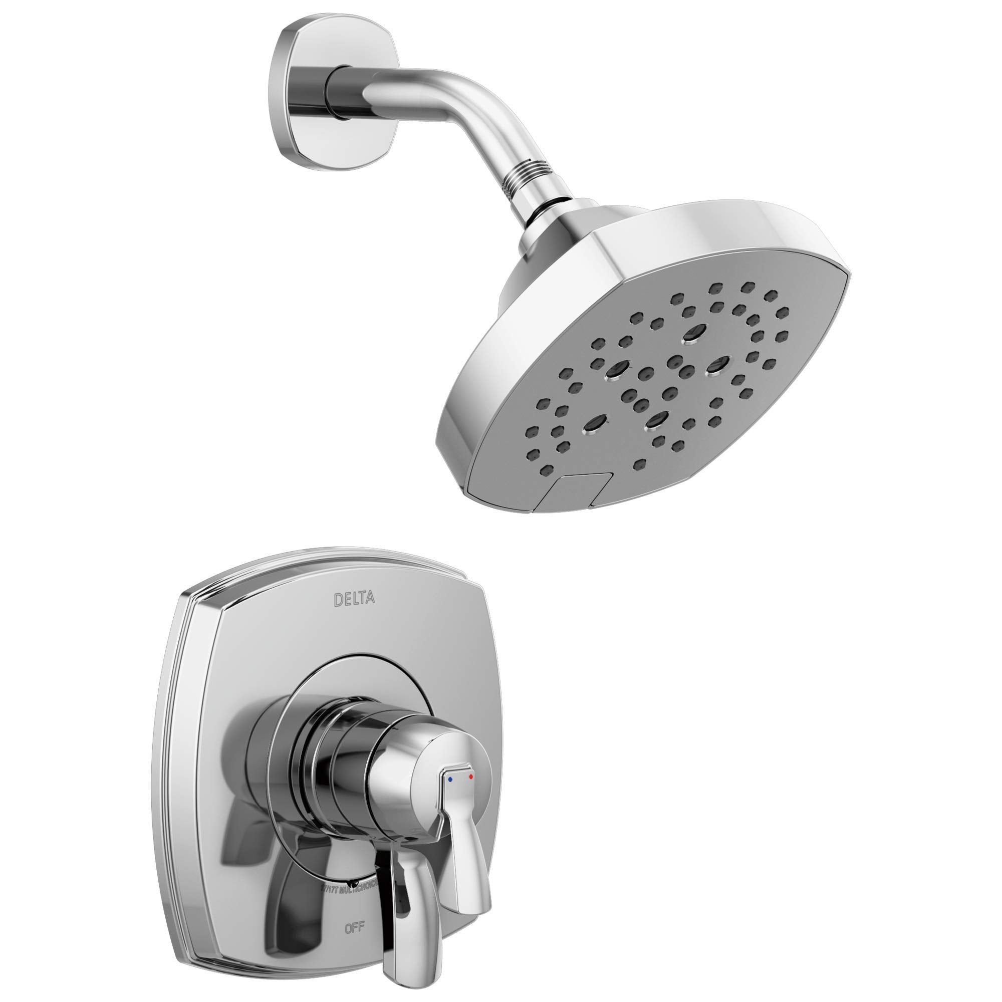Chrome shower valve trim with square wall-mounted control handle and round showerhead with multiple spray holes.