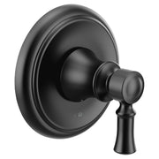Matte black single-handle shower valve trim with round escutcheon plate and lever handle.