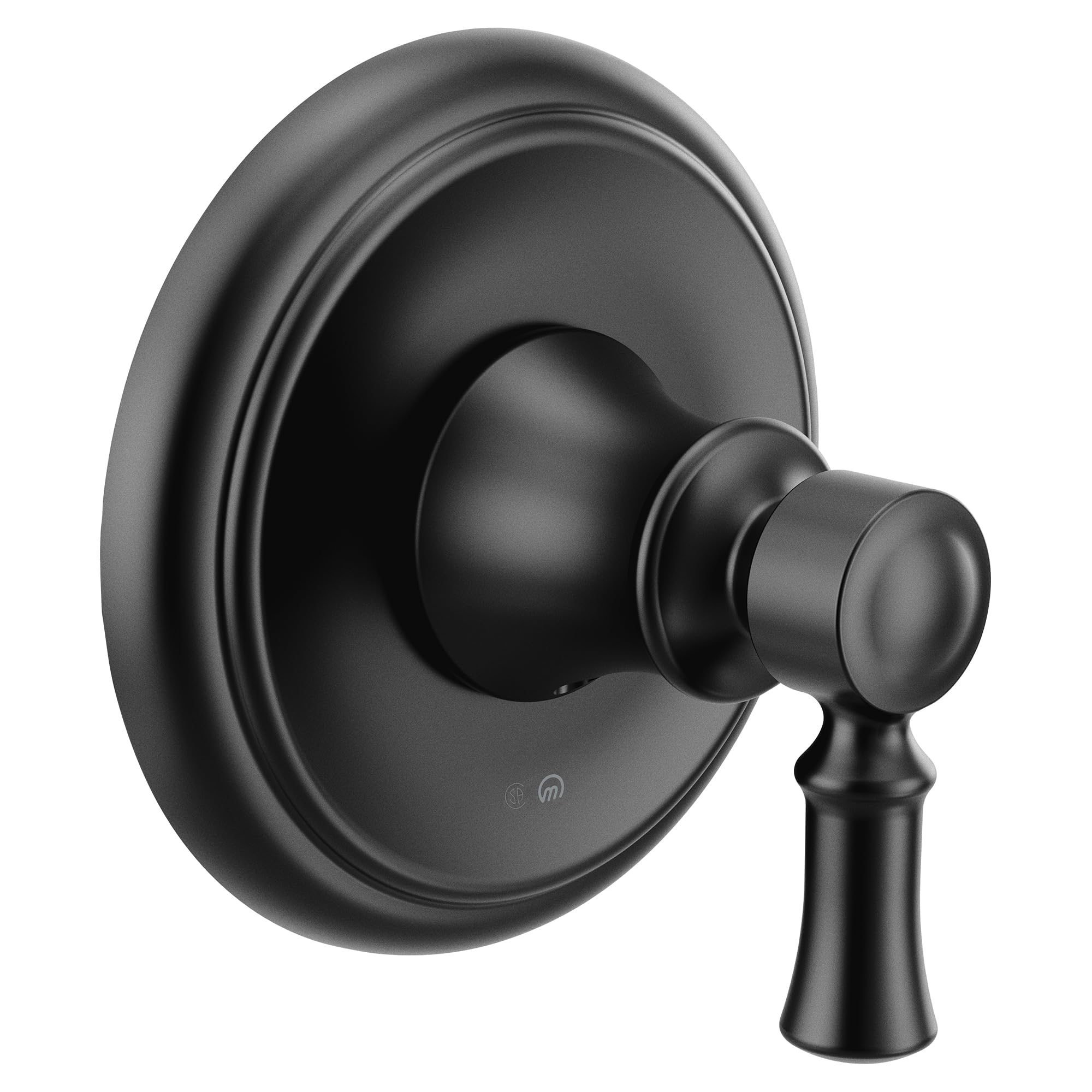 Matte black single-handle shower valve trim with round escutcheon plate and lever handle.