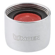 Chrome faucet aerator with white body, black collar, and red perforated screen insert labeled Moen.