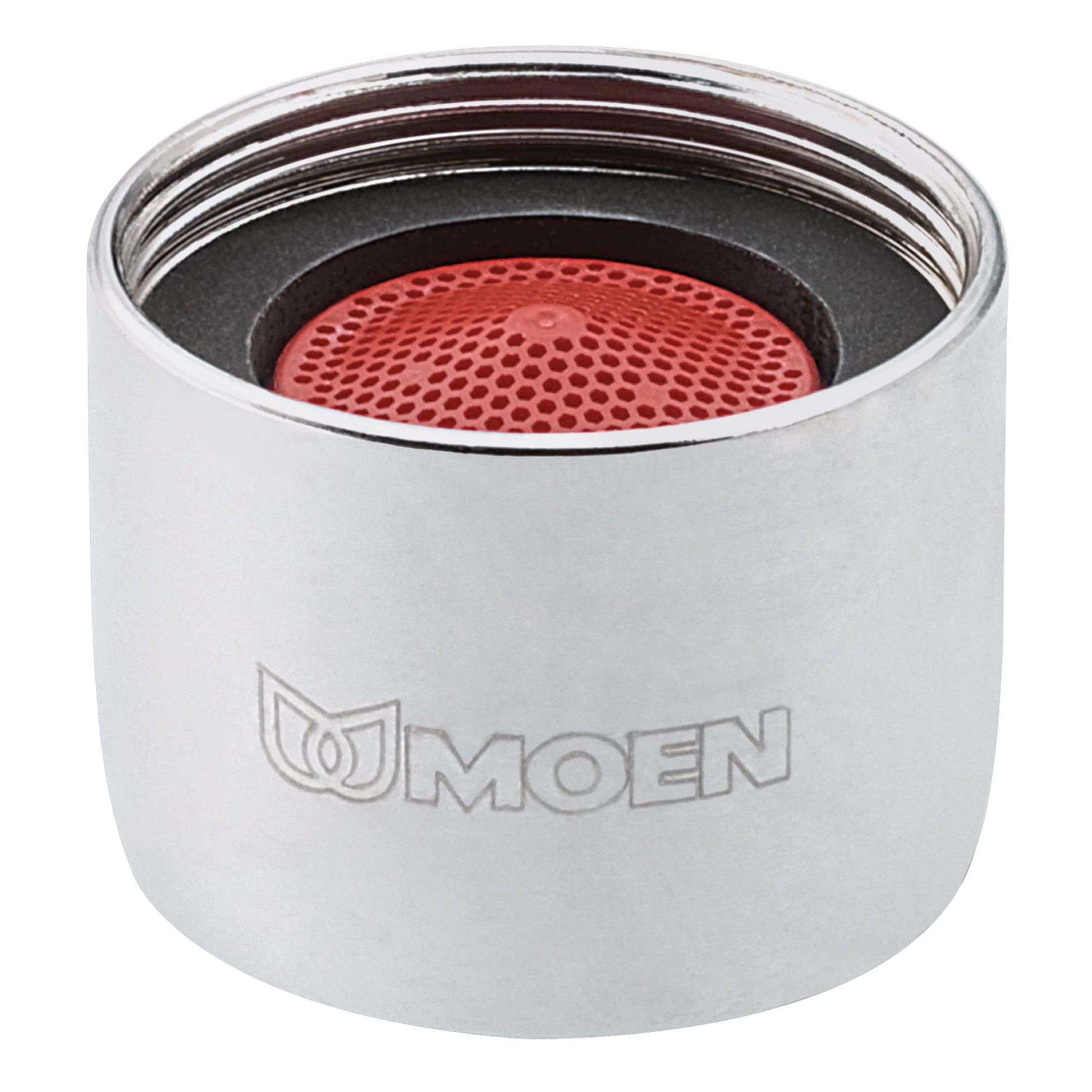Chrome faucet aerator with white body, black collar, and red perforated screen insert labeled Moen.