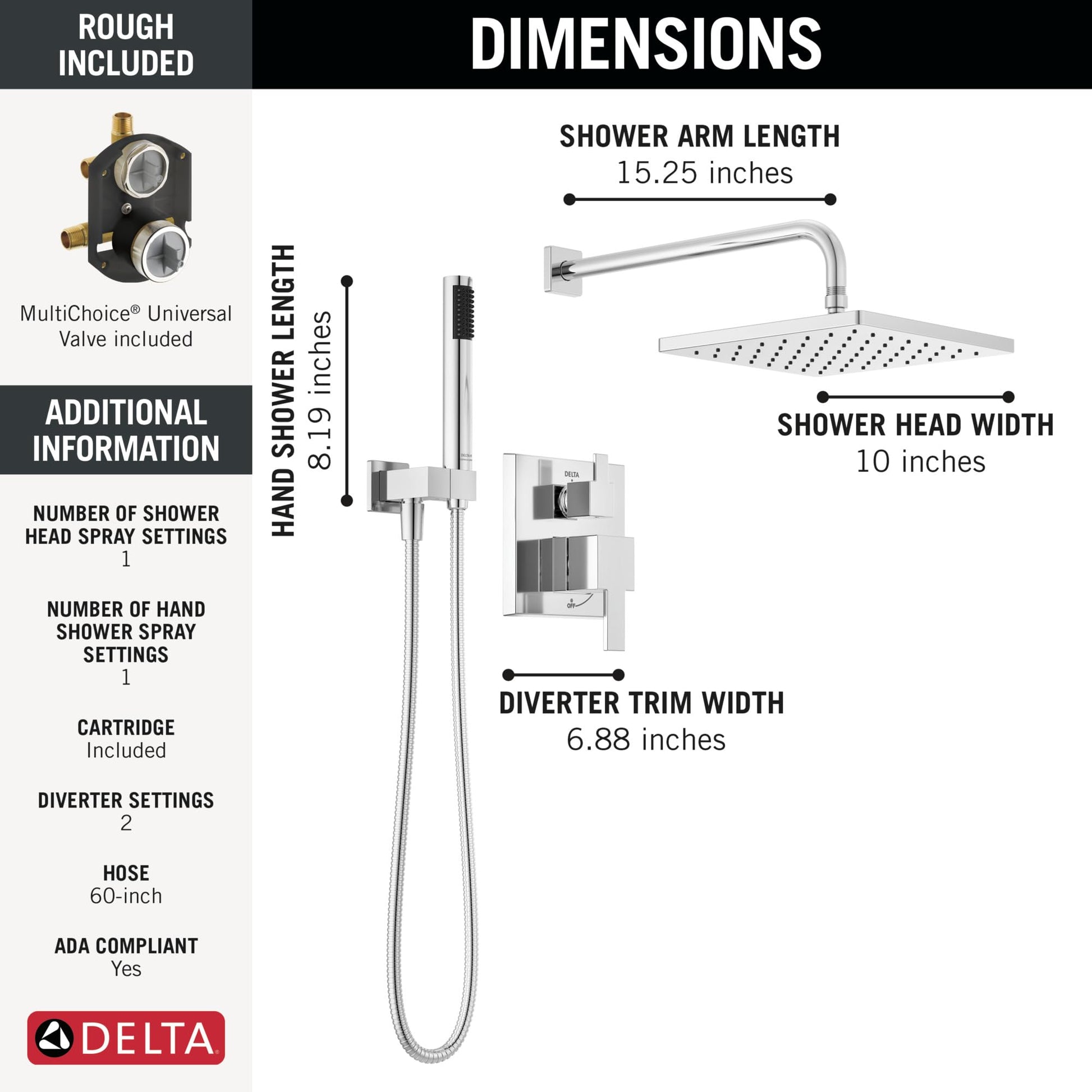 Chrome shower system with 10-inch raincan head, hand shower, 15.25-inch arm, and included rough valve.