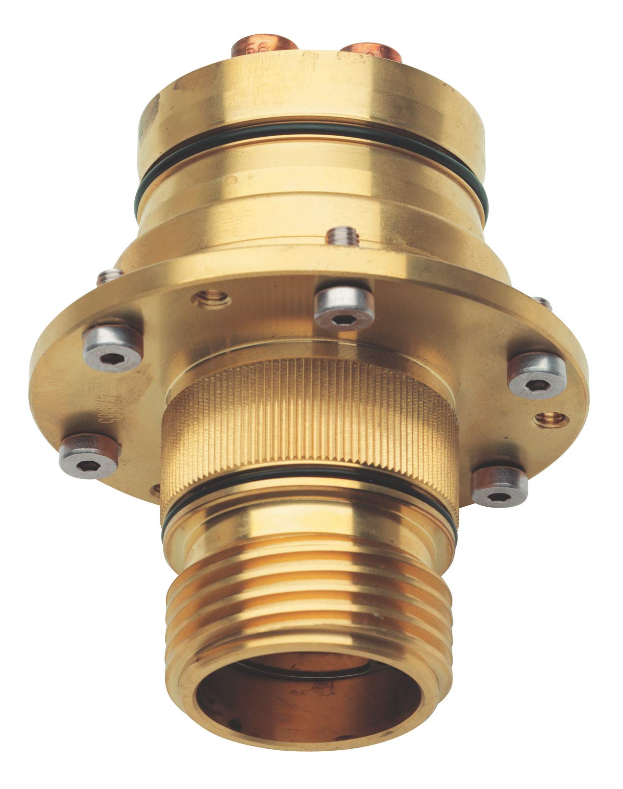 Grohe brass thermo element cartridge with male threads, multiple mounting ports, and black sealing ring.