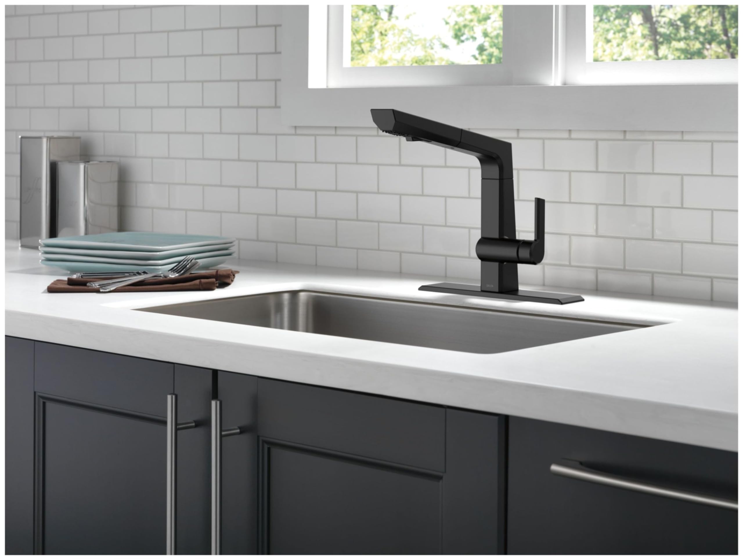 Stainless steel escutcheon and mounting hardware components for 8-inch faucet installation in Arctic Stainless finish.
