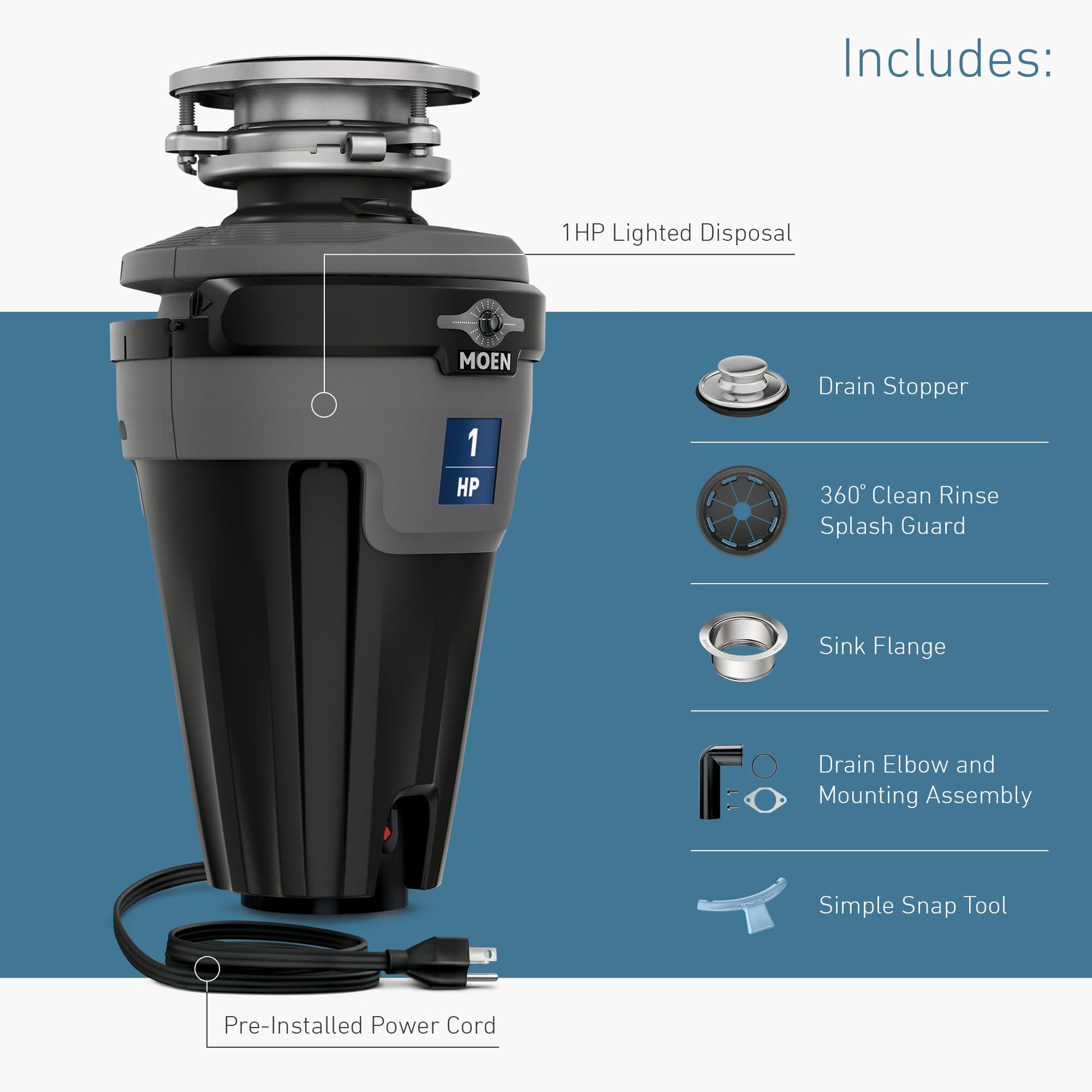 Moen EXL100C black garbage disposal with 1 HP motor, stainless steel components, and included accessories.