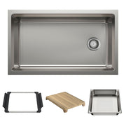 Stainless steel rectangular kitchen sink with single basin, drain, and included accessories: rubber frame, wooden cutting boa