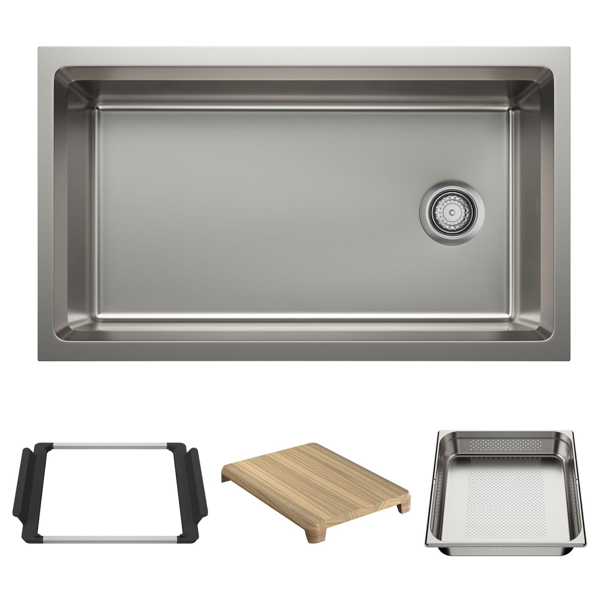 Stainless steel rectangular kitchen sink with single basin, drain, and included accessories: rubber frame, wooden cutting boa