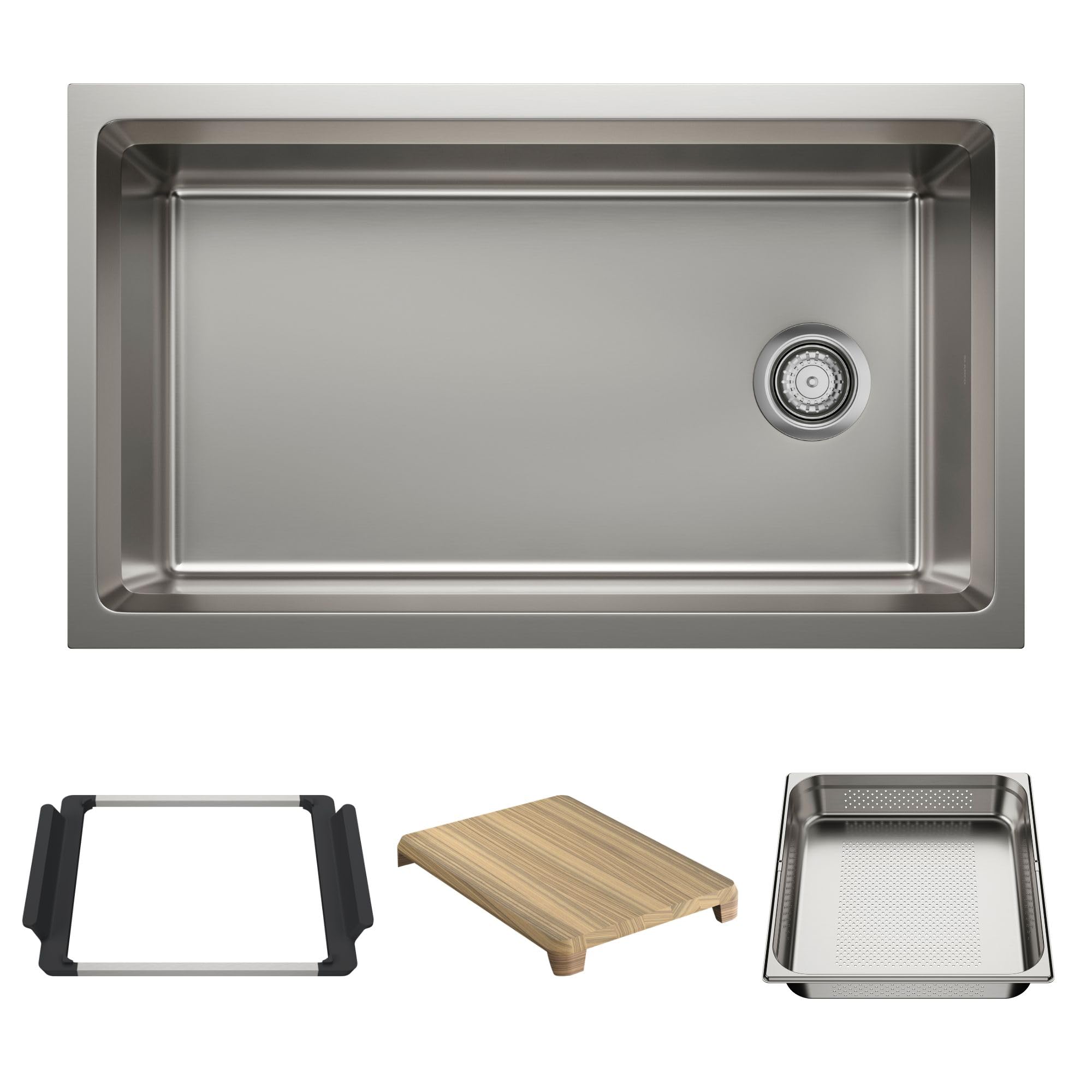 Stainless steel rectangular kitchen sink with single basin, drain, and included accessories: rubber frame, wooden cutting boa