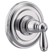 Chrome shower valve trim with single handle lever and circular escutcheon plate.