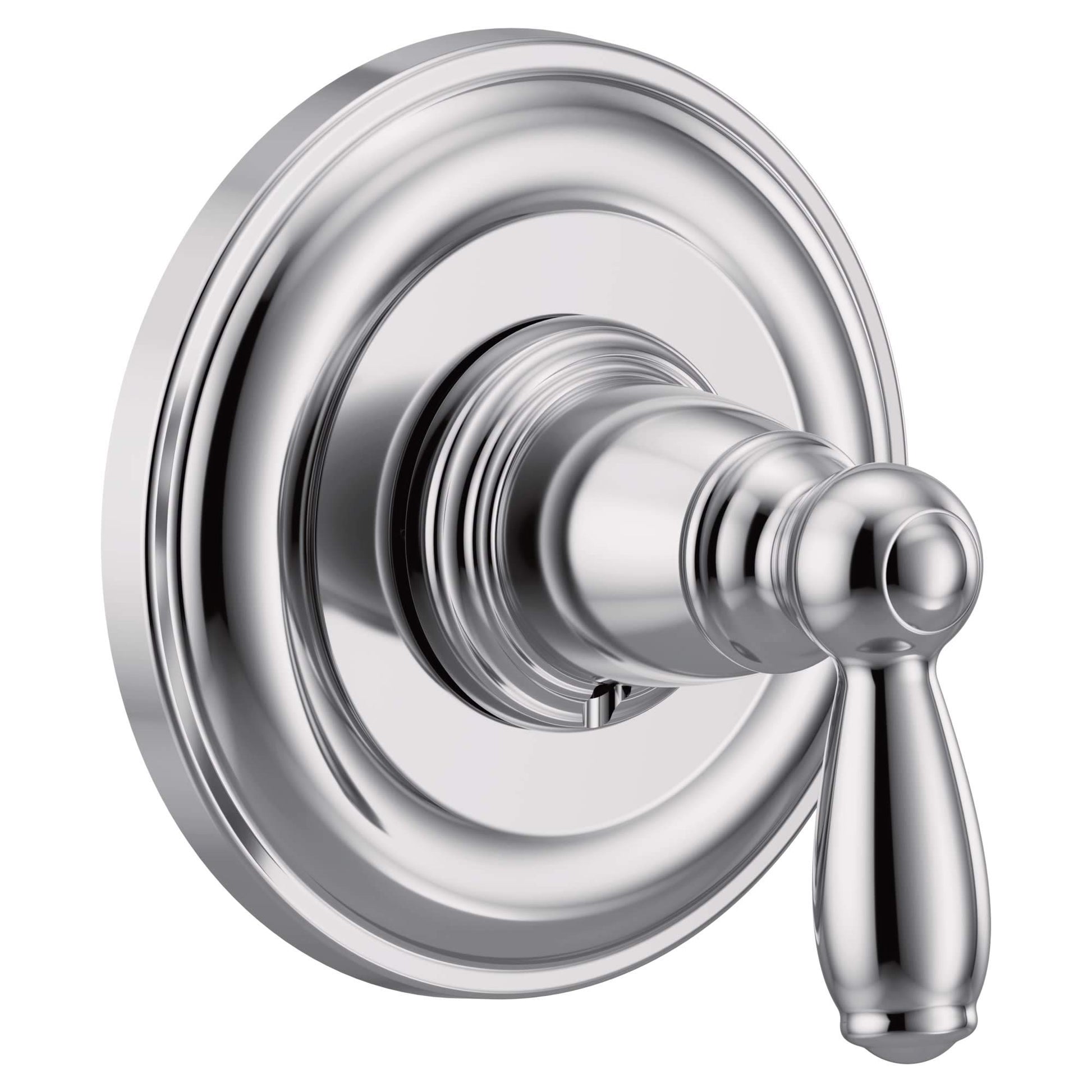 Chrome shower valve trim with single handle lever and circular escutcheon plate.