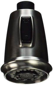 Stainless steel pull-down kitchen faucet spray head with black handle and perforated spray face.