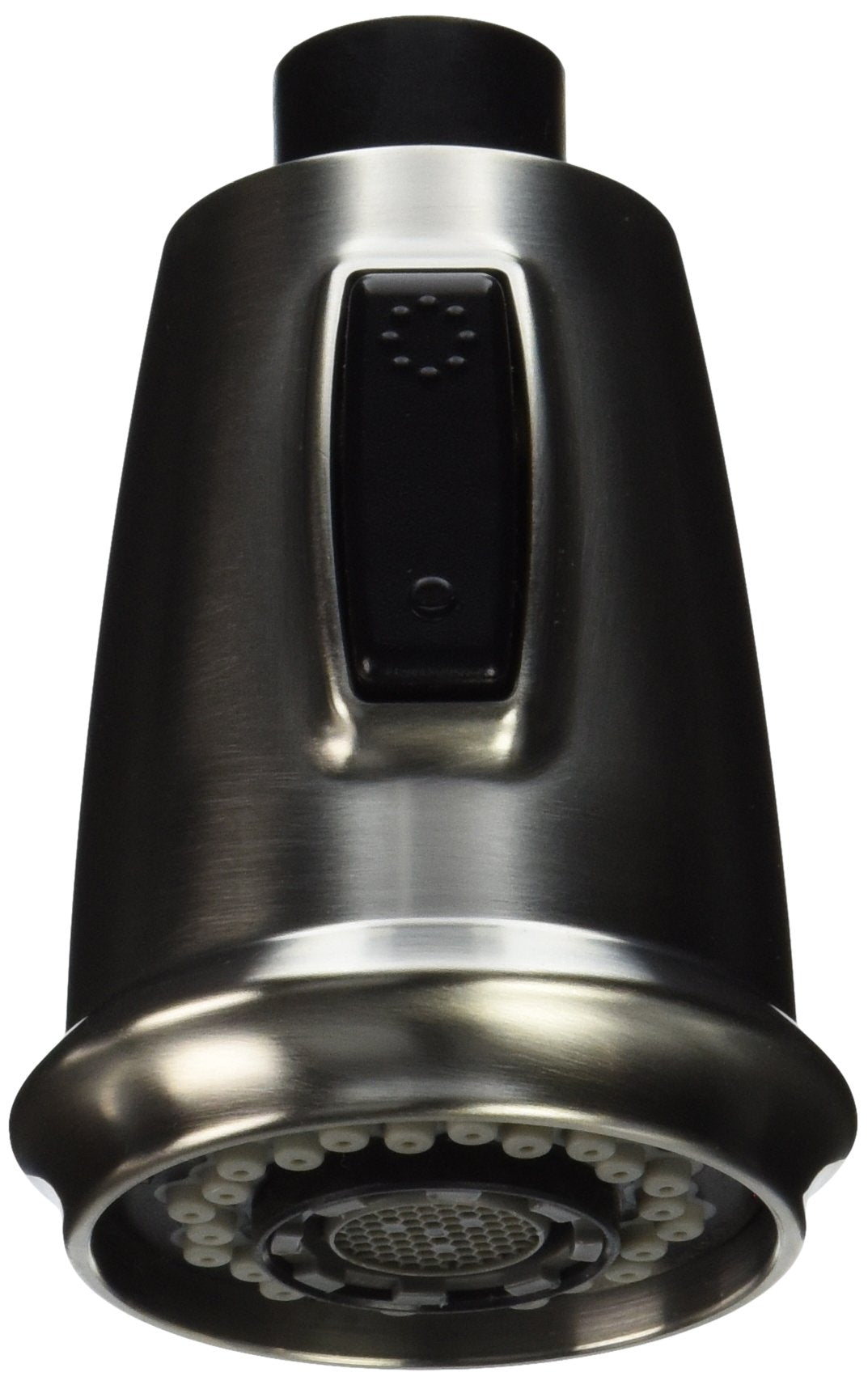Stainless steel pull-down kitchen faucet spray head with black handle and perforated spray face.