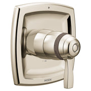 Polished nickel thermostatic shower valve trim with single lever handle and rectangular escutcheon plate.
