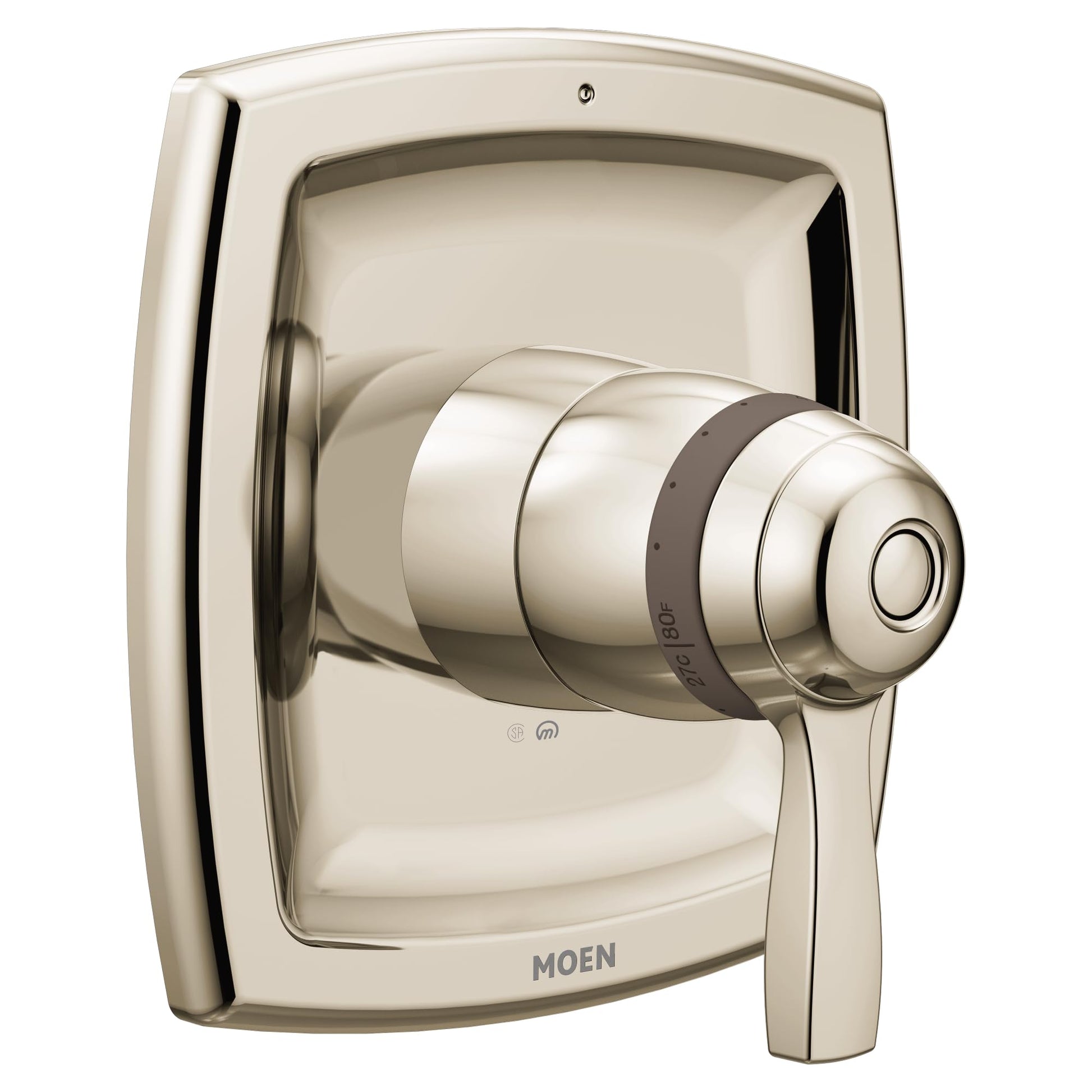 Polished nickel thermostatic shower valve trim with single lever handle and rectangular escutcheon plate.