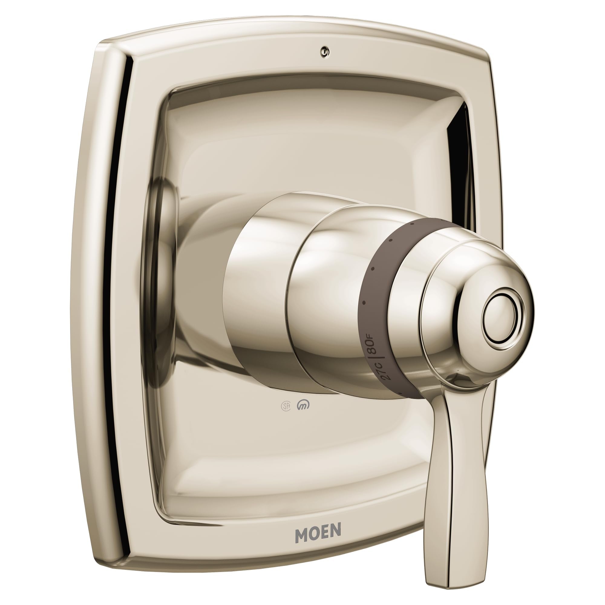 Polished nickel thermostatic shower valve trim with single lever handle and rectangular escutcheon plate.