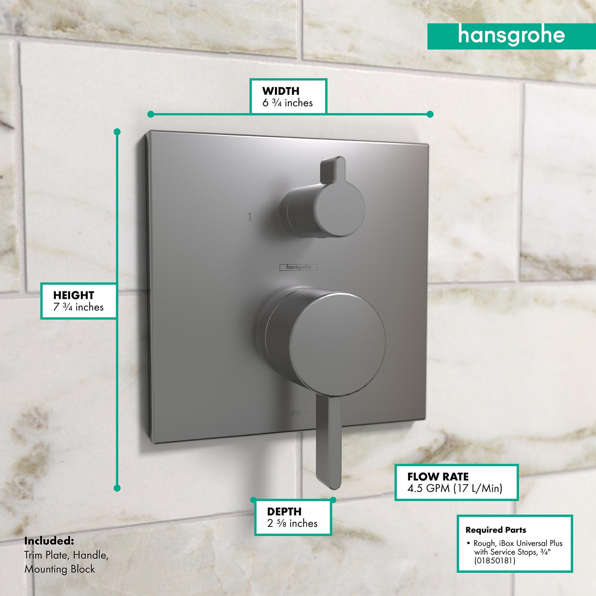 Brushed black chrome square pressure balance trim with diverter, circular handle, and upper control knob mounted on tile wall