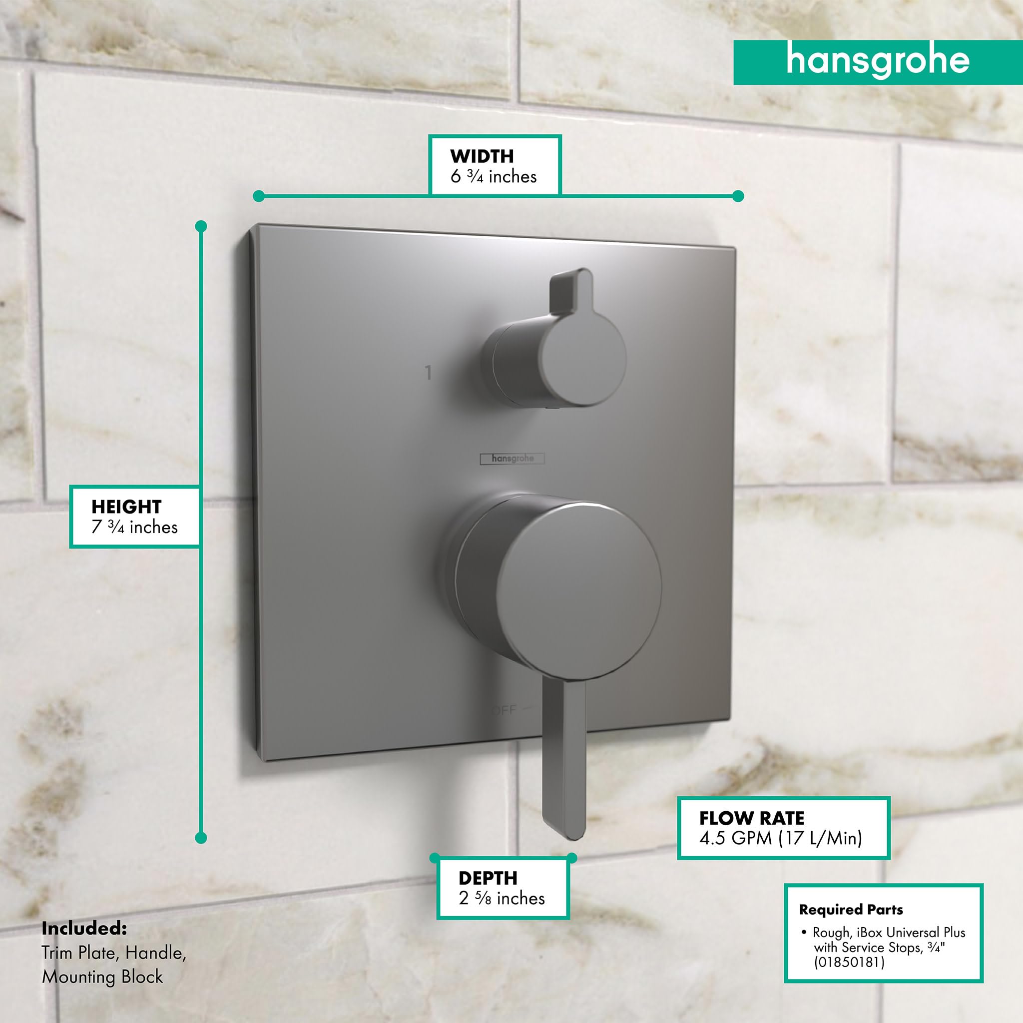 Brushed black chrome square pressure balance trim with diverter, circular handle, and upper control knob mounted on tile wall
