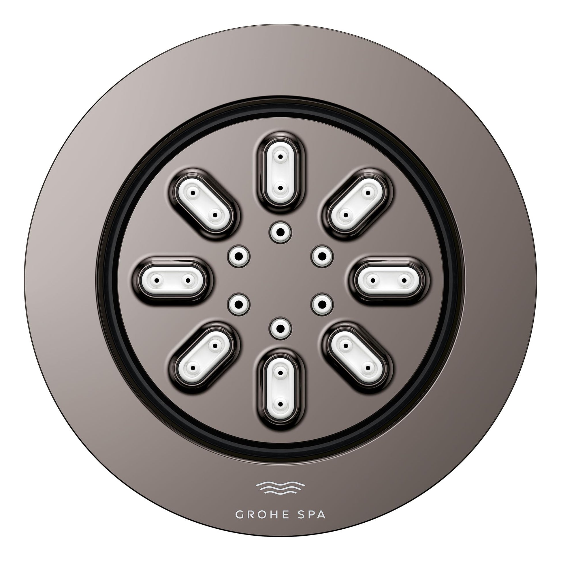 Round dark graphite body spray with multiple rectangular and circular spray nozzles arranged in symmetrical pattern.