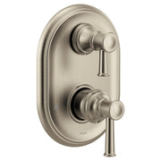 Brushed nickel shower trim with two round handles and integrated transfer valve on oval trim plate.