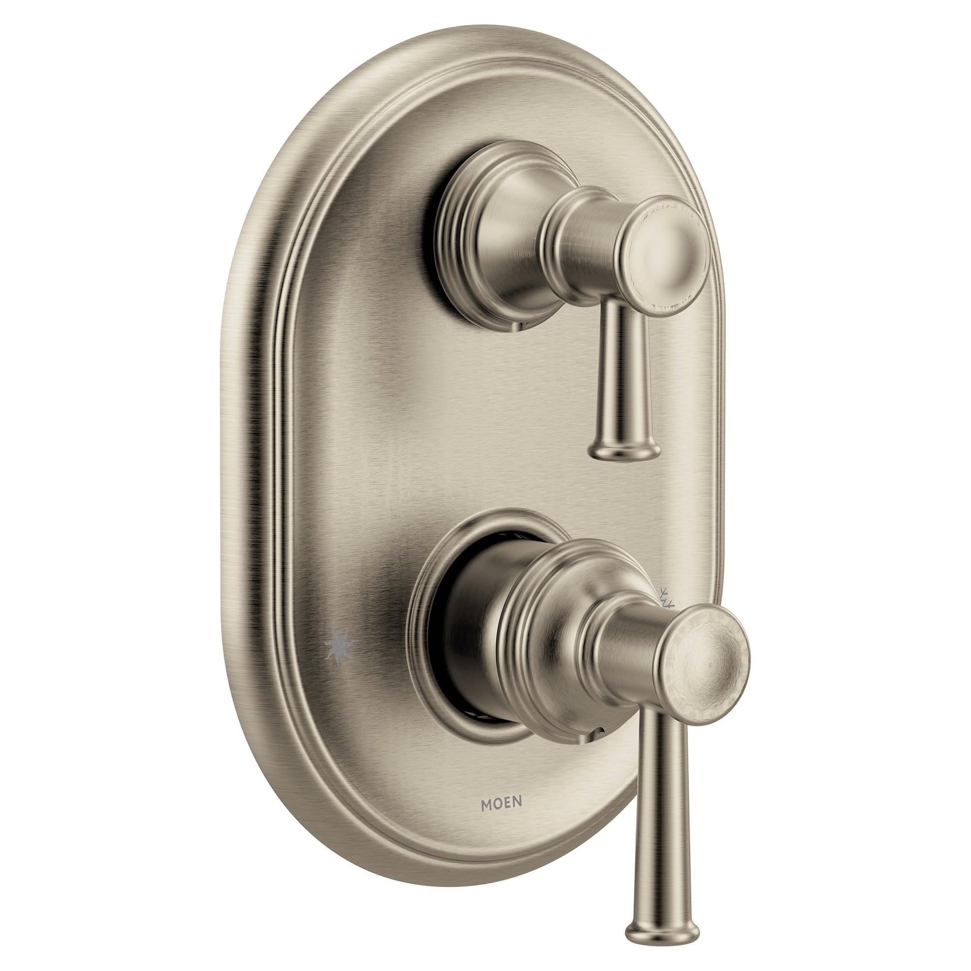 Brushed nickel shower trim with two round handles and integrated transfer valve on oval trim plate.