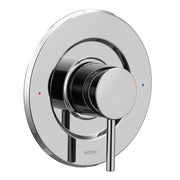 Chrome shower valve trim with circular escutcheon plate, cylindrical handle, and red and blue temperature indicator dots.