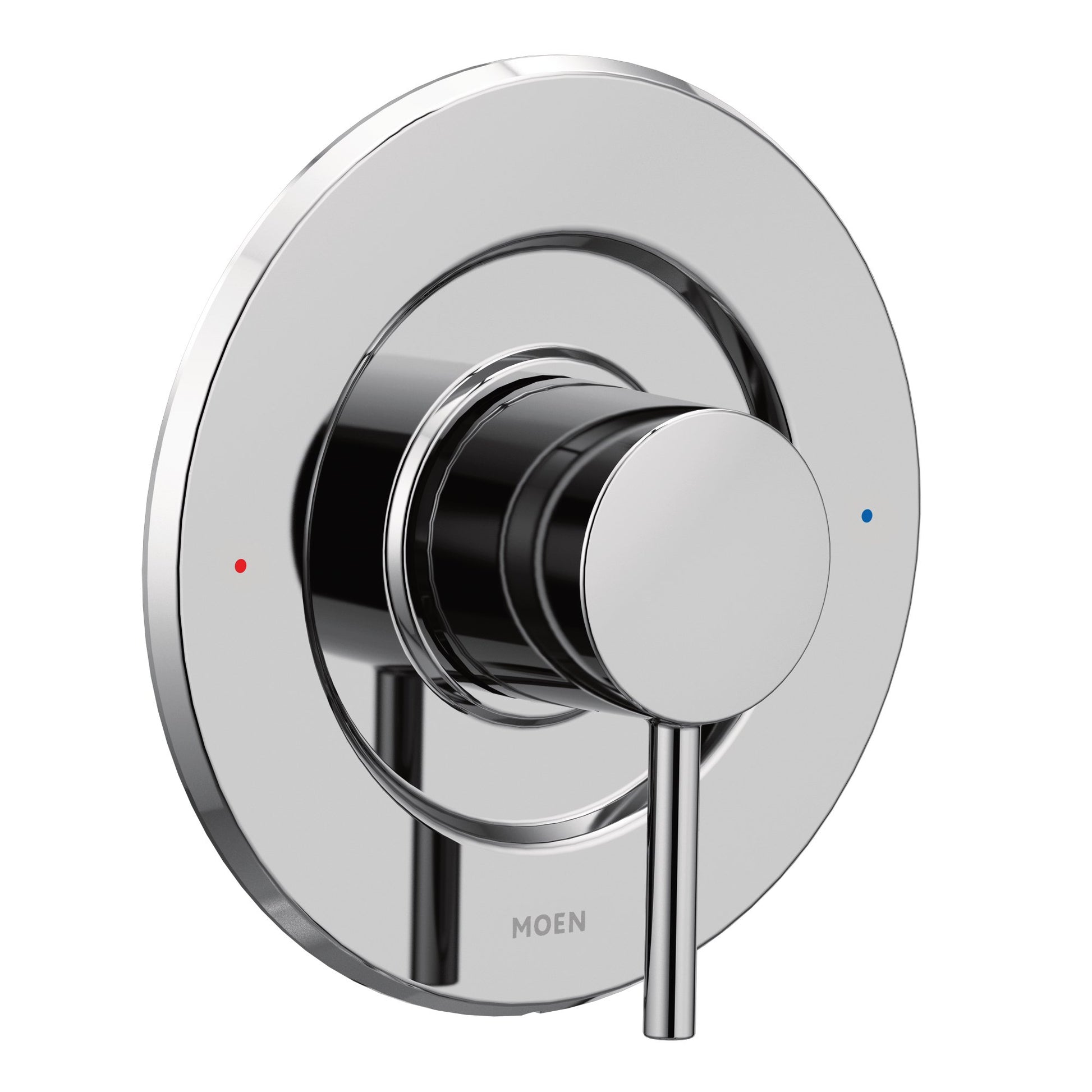 Chrome shower valve trim with circular escutcheon plate, cylindrical handle, and red and blue temperature indicator dots.
