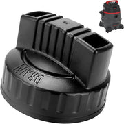 Black plastic drain cap with threaded base and rectangular outlet port for RIDGID shop vacuum tanks.