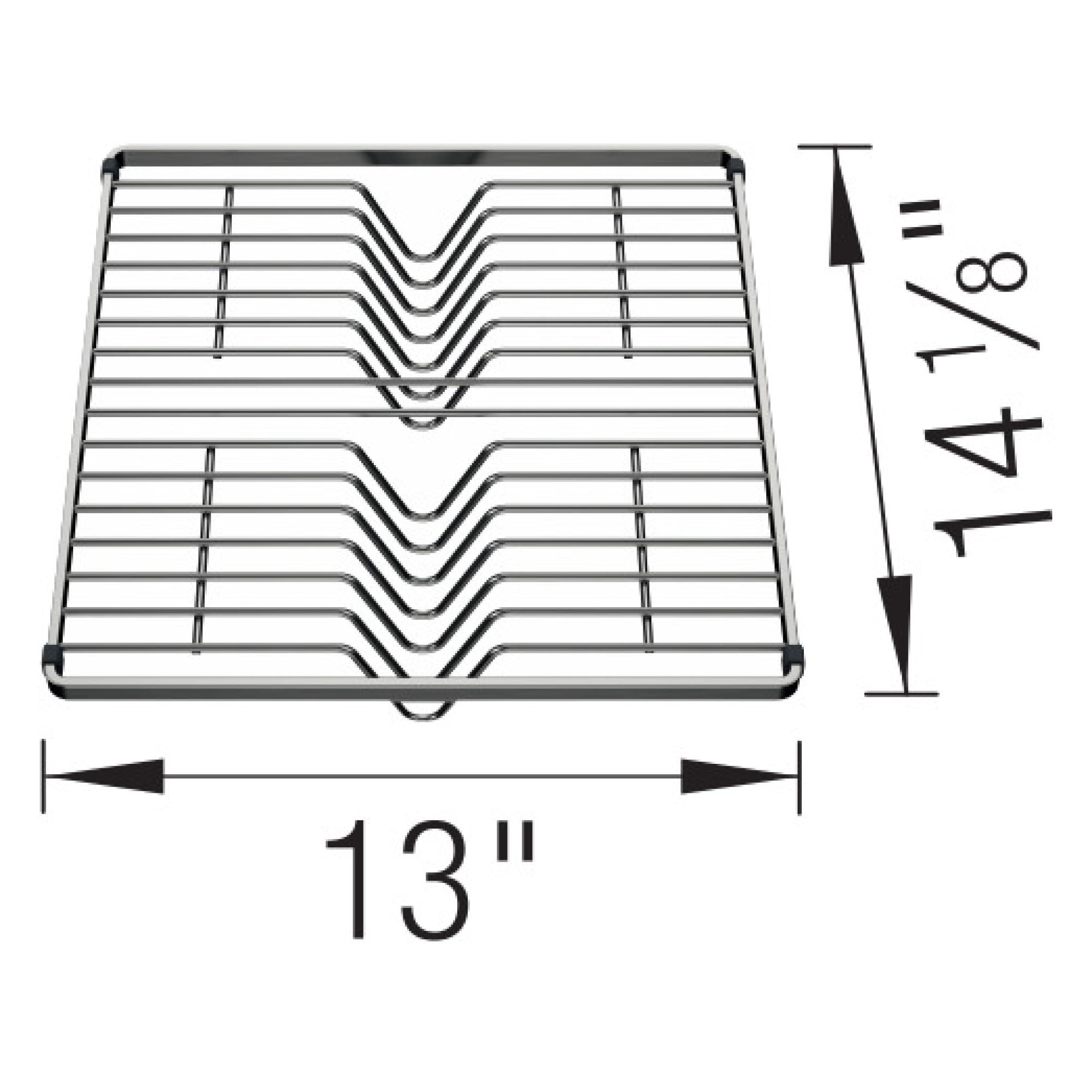 Stainless steel dish rack with two tiered compartments and wavy dividers, 13 inches wide by 17.8 inches deep.