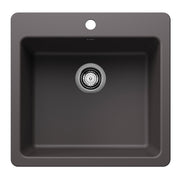 Cinder-colored single bowl sink with chrome drain strainer and faucet hole, shown from above.